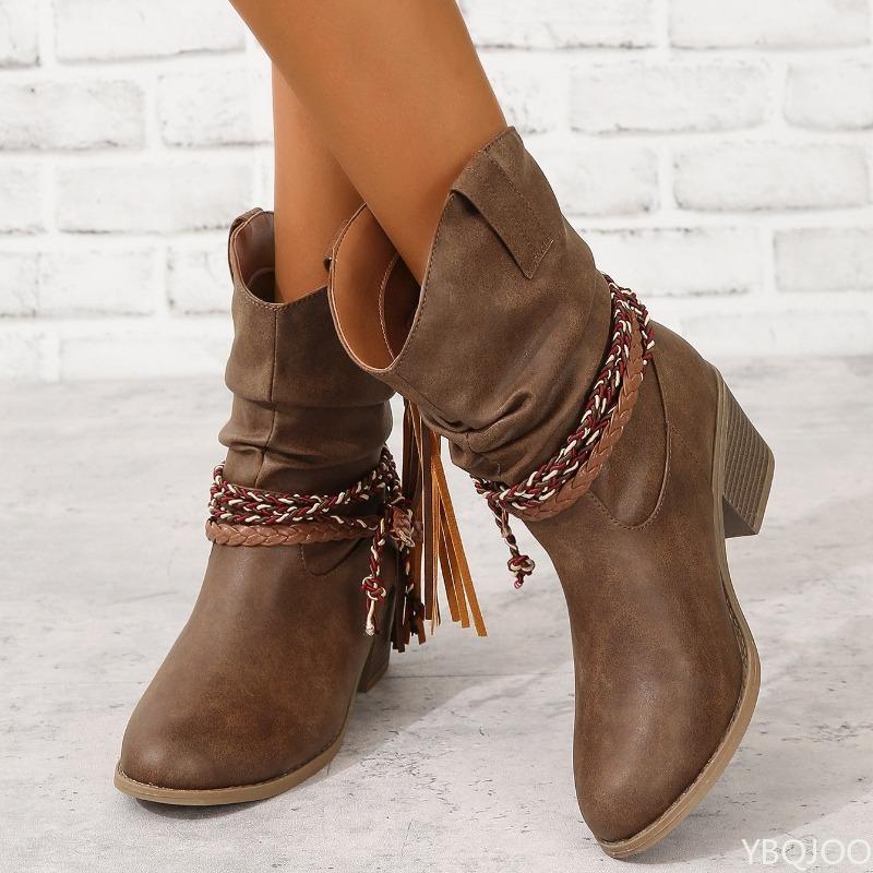 

Женские модные полусапожки средней длины больших размеров в стиле ретро на толстом каблуке с кисточками V-образным вырезом простые удобные женские сапоги 42