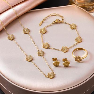 9mm Five-Petal Flower Jewelry Set: Bracelet, Necklace, Earrings, Ring In Women's Stainless Steel