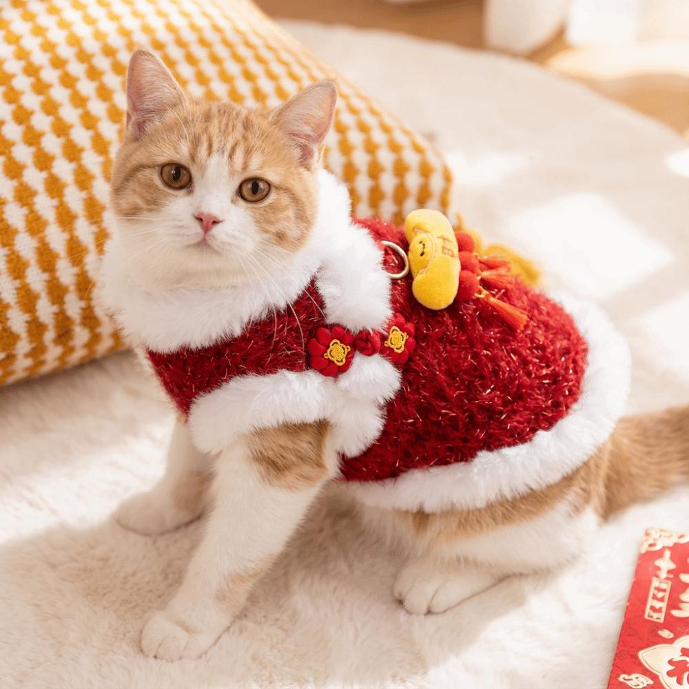 New Chinese Style Pets Coats Thicken Warm Pet Sweatshirt Anti-static Red Cat Pullover New Year