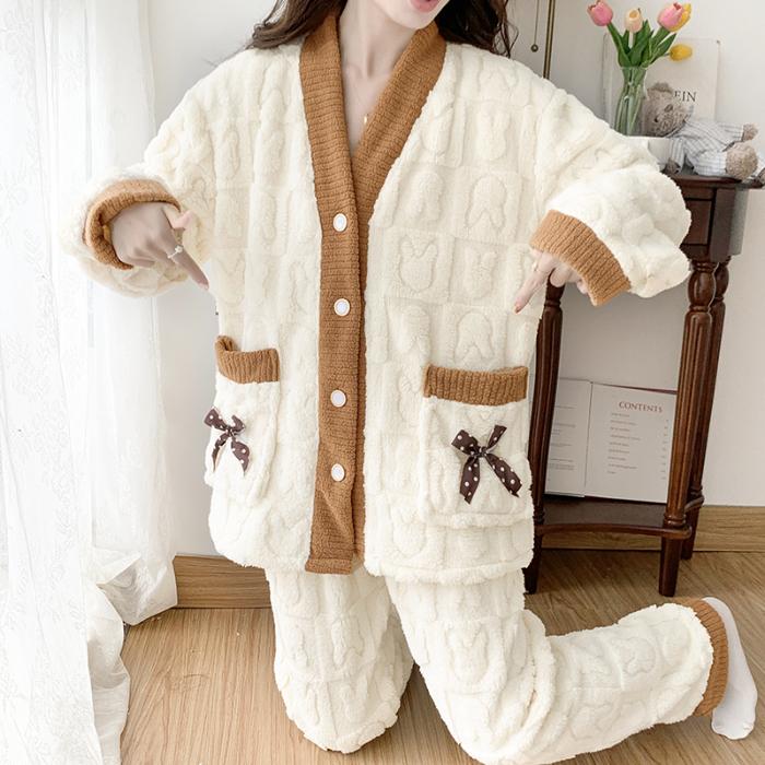 Taglie Forti Inverno Donna Caldo Abbigliamento da Casa Pigiama Signore Flanella Spesso Pile Corallo Oversize Lana Pigiama Peluche Velluto Corallo