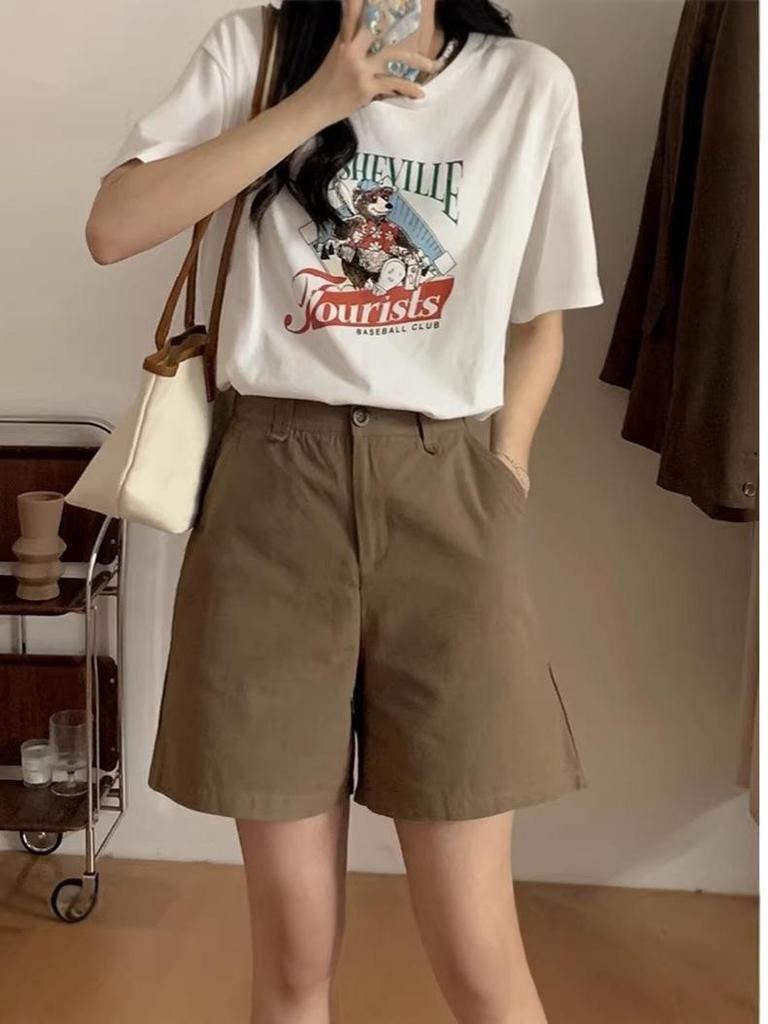 Women's High-Waist Pure Cotton Shorts - Summer 2026 Korean Style, Casual Straight Wide-Leg Design.