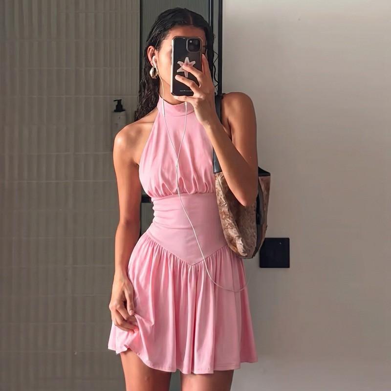 Womens 2026 Fall Solid Color Sexy Backless Tie Ruffle Bodycon Mini Dress Party Date