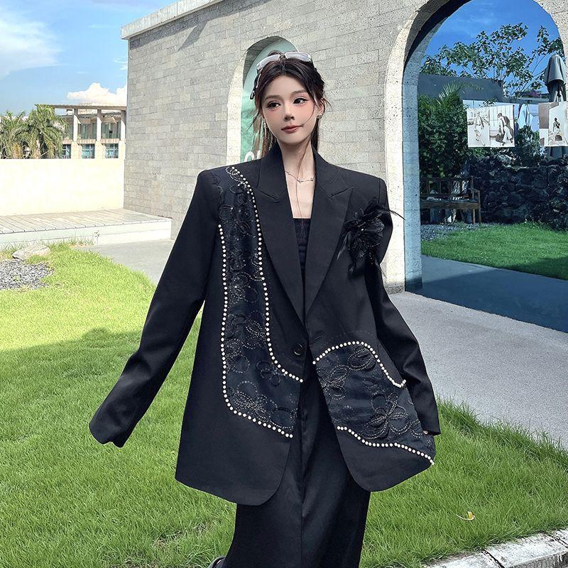 Womens Luxury Black Blazer Spring Autumn High Quality Sequins Embroidery Beaded Design Fashion Casual Formal Work Suit Coat