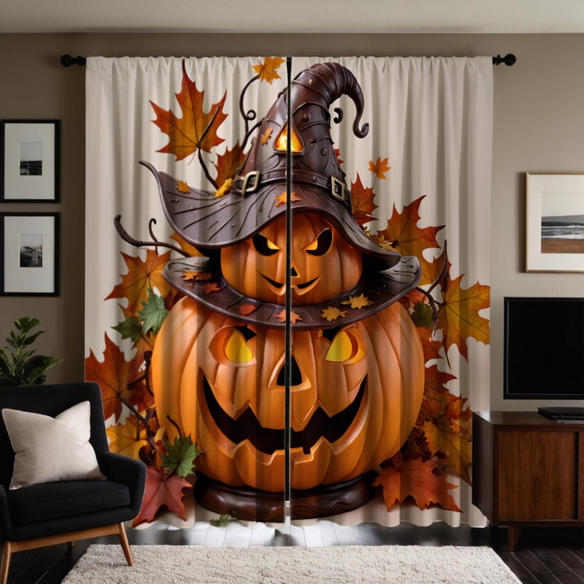

Набор из 2 штук HD Хэллоуин тыква Призрак Кленовый лист занавеска Желтая завязка занавеска с цифровой печатью Домашний декор стиль Украсить гостиную ро W52H63inchW132H160cm