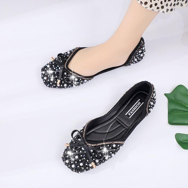 Bow shallow mouth ladyshoes flat shoes women's 2025 spring and summer new rhinestone single shoes women