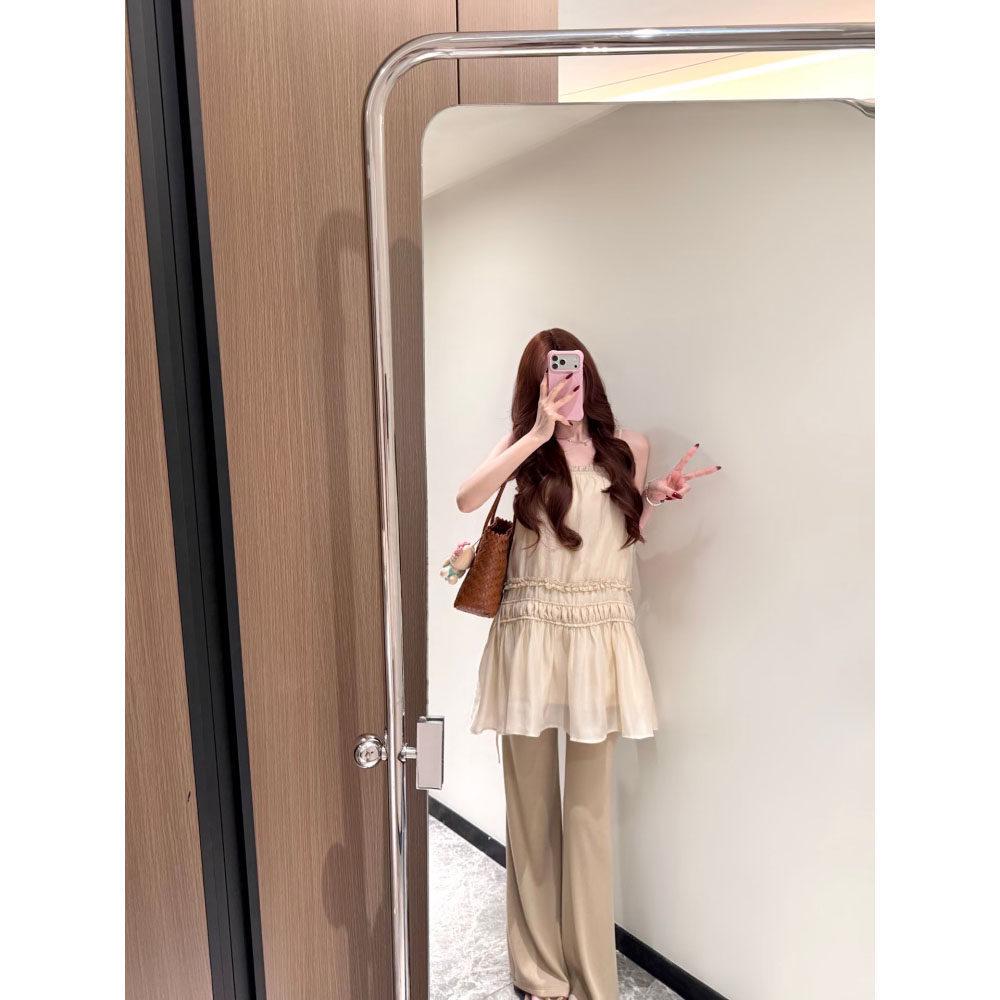 Lace Spliced A-Line Skirt & Camisole Pleated Dress - Slim-fit, Cinched Waist, Layered Vacation Style