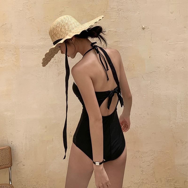 Womens Modest One-Piece Swimsuit With Underwire Support Slimming Halter Neck Black Swimwear Resort Vacation