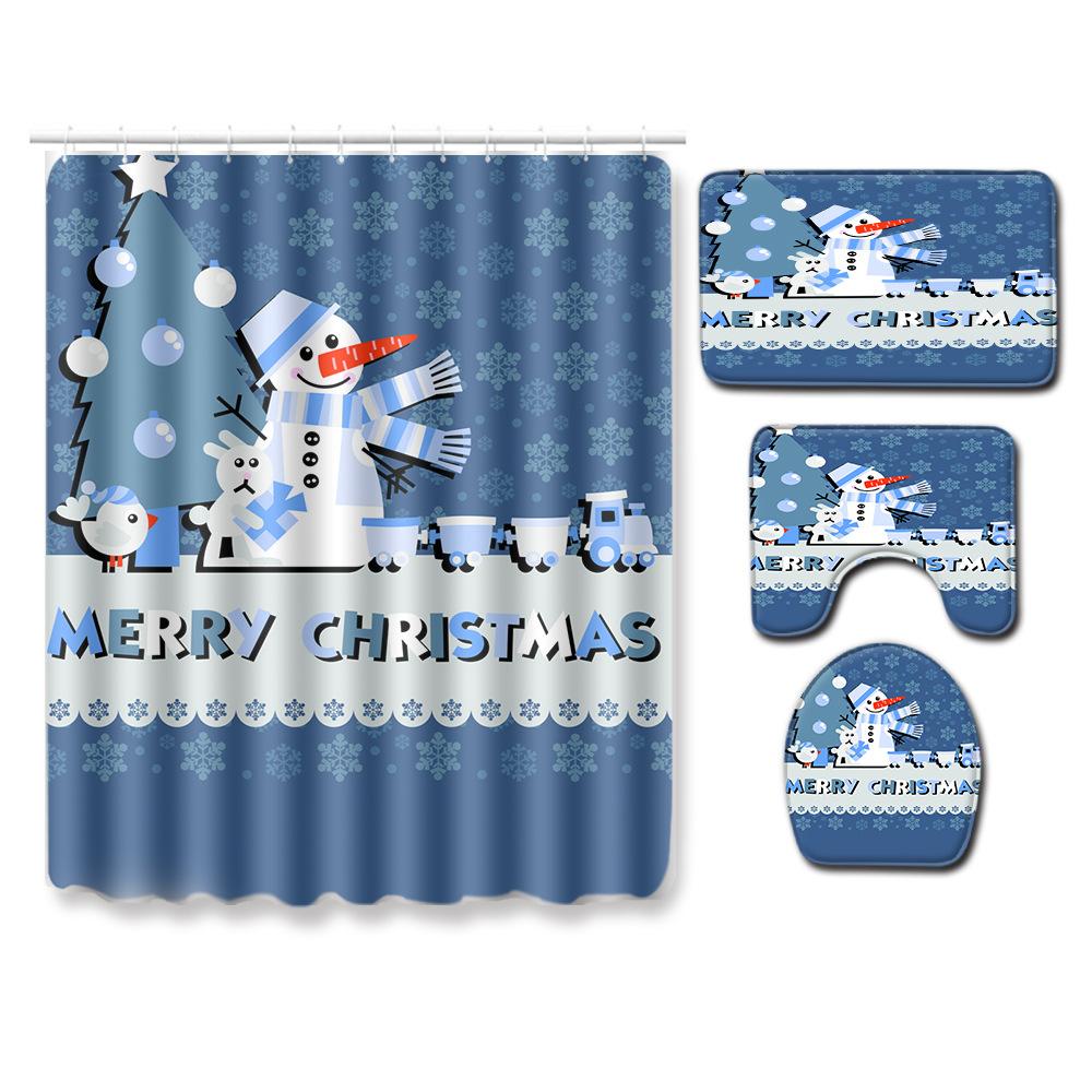 Christmas Shower Curtain Floor Mat Combination Four-Piece Set Bathroom Toilet Carpet Shower Room Mat Foot Mat