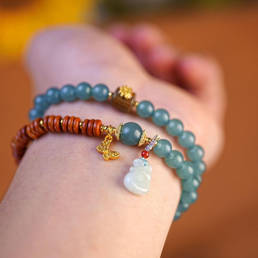 Blue Jade Gourd Pendant Bracelet - Women's Retro Chalcedony Beaded Jewelry