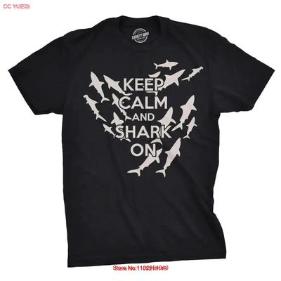 Keep Calm and Shark On T Shirt Funny Aquatic Meme Vintage Washed Graphic Comfortable Stylish Streetwear Slightly Fashion