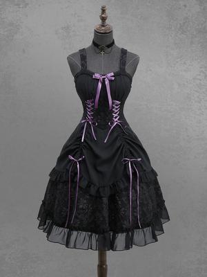 Rosegal Gothic Daisy Flower Jacquard Bowknot Lace Up Ruffles Cinched Chiffon Trim Patchwork A Line Tank Dress