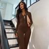 European Women's Autumn Solid Color Long Sleeve Zipper Waist-Cinching Slimming Sports Yoga Jumpsuit