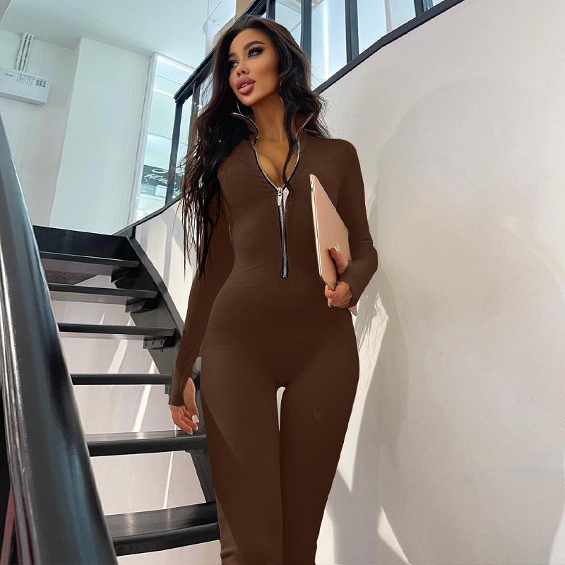 European Women's Autumn Solid Color Long Sleeve Zipper Waist-Cinching Slimming Sports Yoga Jumpsuit