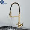 Kartáčované Zlato Čistič Kuchyňská Baterie Vytahovací Filtrované Baterie Dvojitý Výtok Mosazný Kohoutek Dvojitá Rukojeť Horká Studená Směšovací Baterie Montáž na Desku