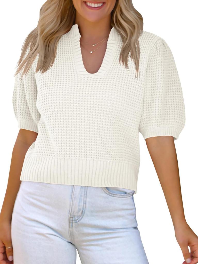 Womens Waffle Knit Sweater Top V Neck Puff Short Sleeve Cropped Spring Summer Blouse