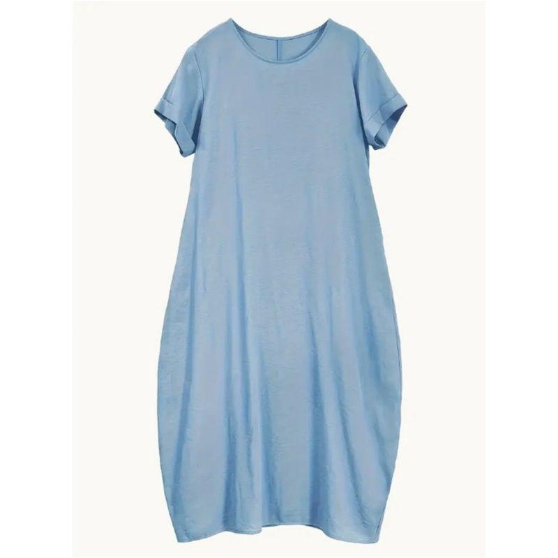Fashion Women Dress Ladies Skirt Ice Silk Wrinkle Loose Plus Size Round Neck Short Sleeve Dress