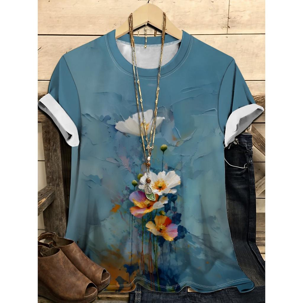 Letní dámské tričko s kulatým výstřihem, 3D potiskem květinového vzoru, módní, ležérní, barevné, s krátkým rukávem