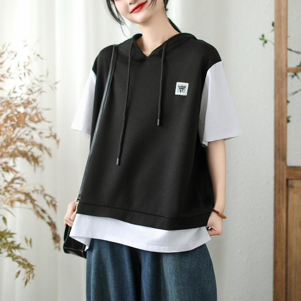 

Женский летний однотонный худи и футболка с коротким рукавом, двухпредметный комплект 2025 One Size чёрный