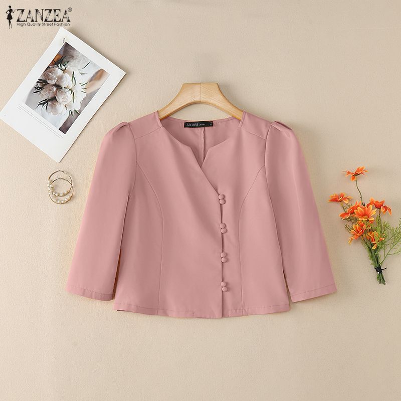 ZANZEA Women CasuaL V-Neck Solid Color 3/4 Sleeve Blouse