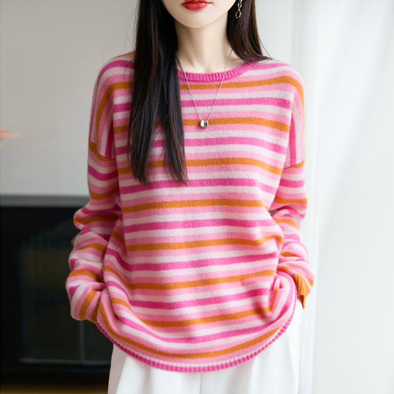 Autumn And Winter New Retro Japanese Lazy Style 100 Wool Sweater Pullover Bottoming Knitted Sweater Colored Striped Sweater Women