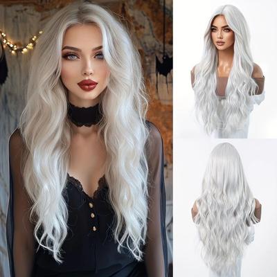 Women's Long Wavy Wig, White Center Part Synthetic Hairpiece for Daily & Cosplay