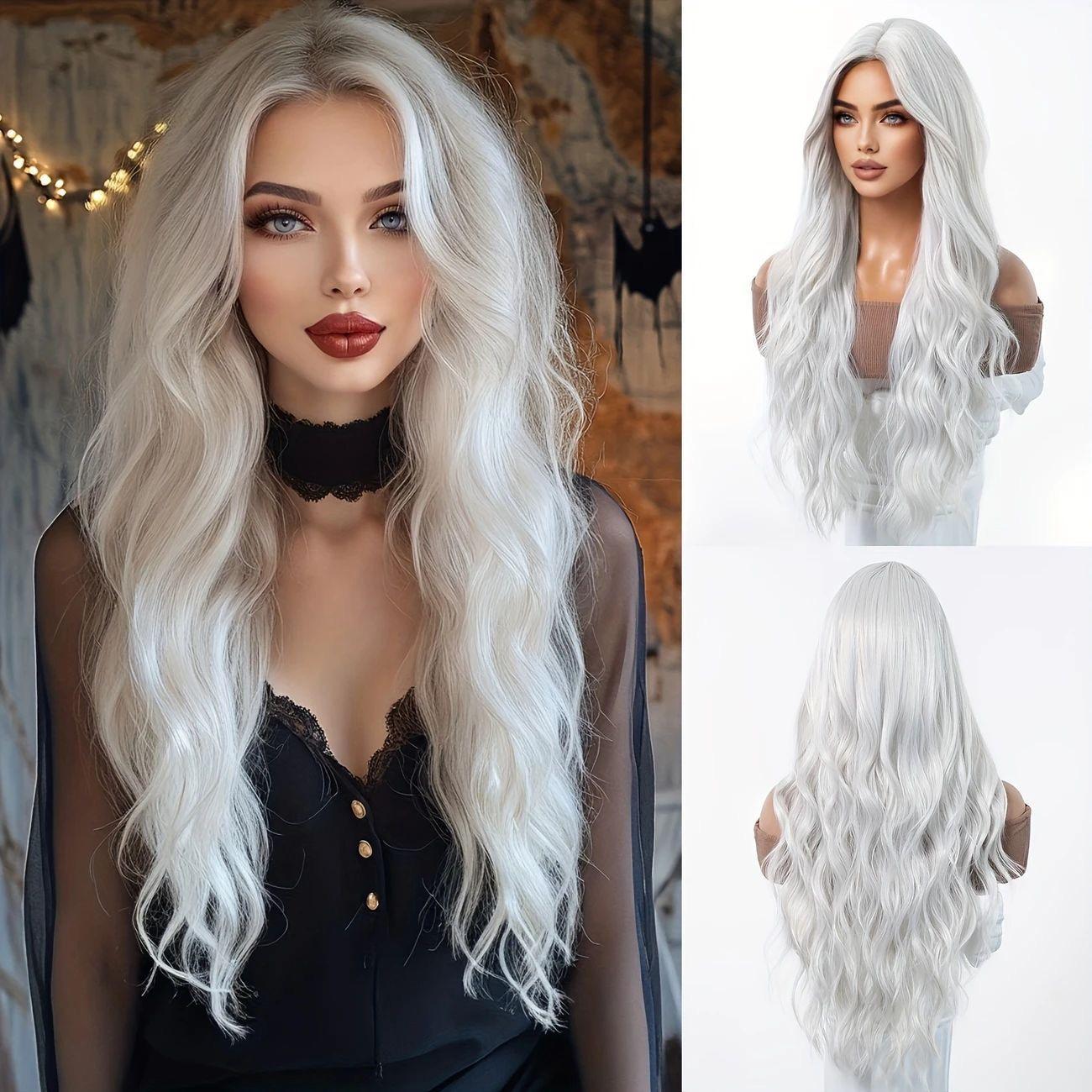 

Women s Long Wavy Wig, White Center Part Synthetic Hairpiece for Daily & Cosplay білий