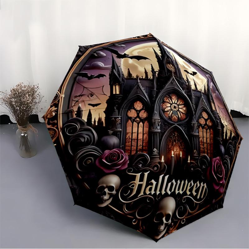 1pc Halloween Castle Moon Automatic Folding Umbrella, Sturdy And Durable Automatic Folding Umbrella with 8 Ribs, Convenient for Outdoor Use142
