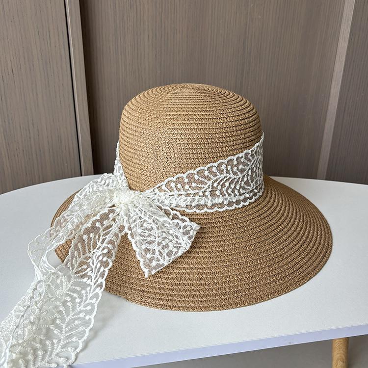 Lace Bow Straw Woven Fisherman's Hat Women Summer Travel Sun Protection Sun Hat Seaside Beach Hat Straw Hat