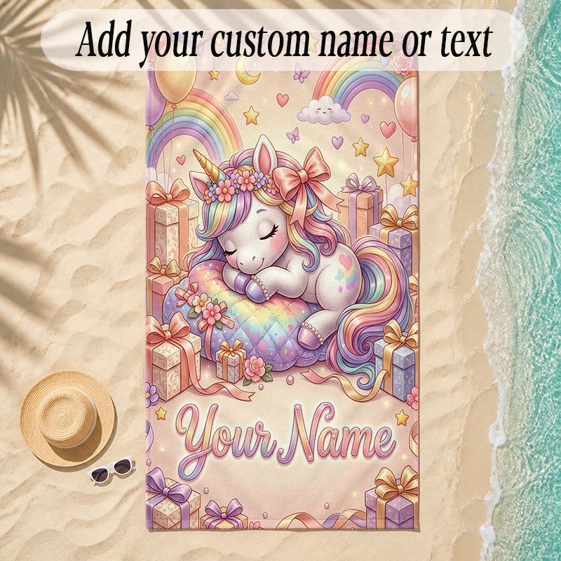 Unicorn Theme Soft Beach Towel Personalized Custom Name Text Towel Portable for Beach Pool Travel