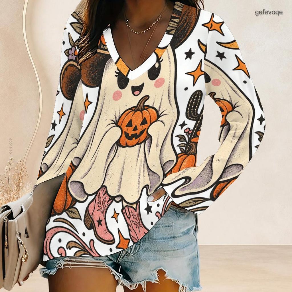 Women Plus Size V Neck Long Sleeve Halloween Mushroom Ghost Print Top