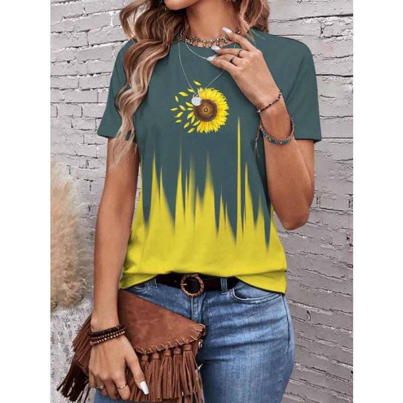 Summer Round Neck Flower Pattern 3D Print Top Fashionable Casual Short Sleeved Women's T-shirts
