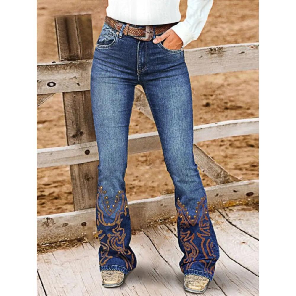 Damskie Jeansy z Wysokim Stanem, Dopasowane, Haftowane, z Nitem, Lekko Rozszerzane od Kolana W dół, Średnio Elastyczne, Styl Westernowy, Bootcut