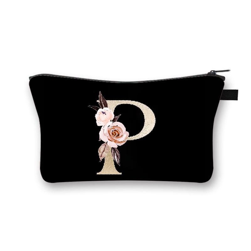 Vintage Golden Flower Alphabet Travel Cosmetic Bag Waterproof Toiletry Organize Pouch for Women