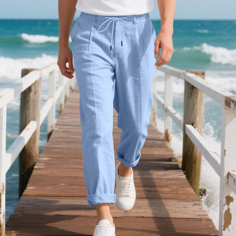 Men's Relaxed Fit Casual Straight-Leg Linen Naples-Style Breathable Trousers