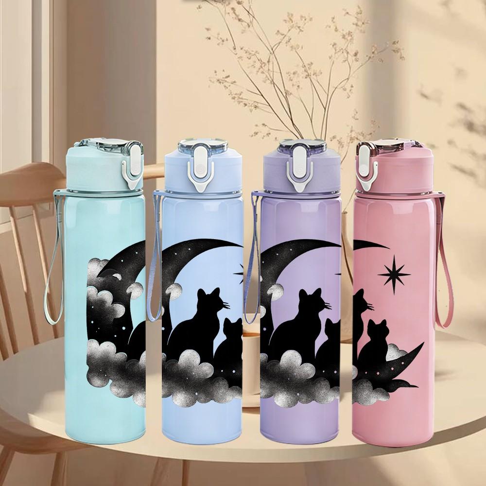 1PC Moon Night Black Cat Silhouette 750ml Color Plastic Sports Water Bottle Leakproof Flip Straw Lid Suitable for Sports Office Home Use