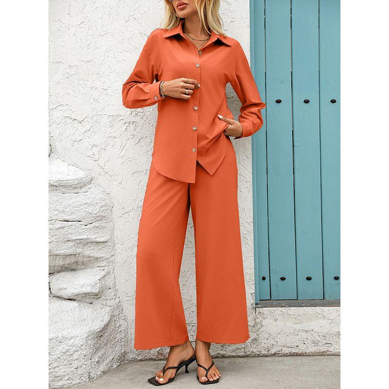 Fashion Fall Lapels Single Breasted Solid Color Loose Long Sleeves Cardigan Shirt Elastic Waist Pants Casual Two-Piece Suit