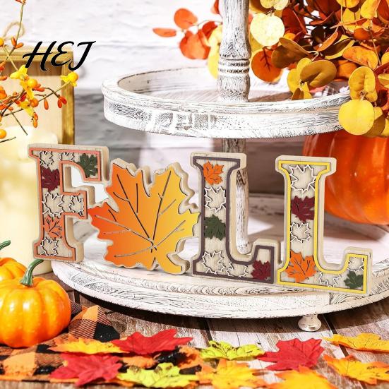 Autumn Table Decorations 4Pcs/Set Fall Wooden Tabletop Signs,Maple Leaf Letter for Rustic Thanksgiving Decor Tiered Tray Fireplace Dining Centerpieces