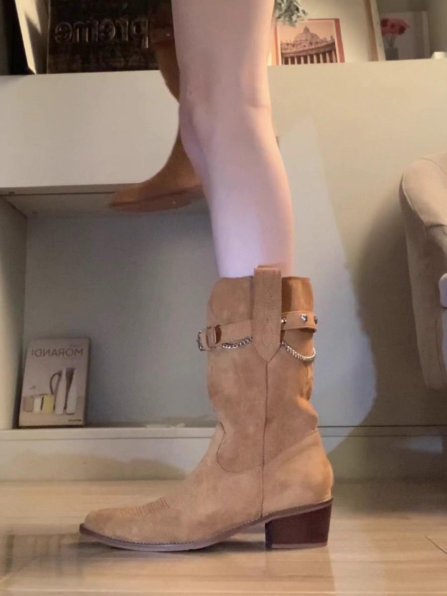 

Sheepskin version~ European and American retro thick heel pointed cowboy short boots round head short boots Martin boots meat-covering knight boots 40