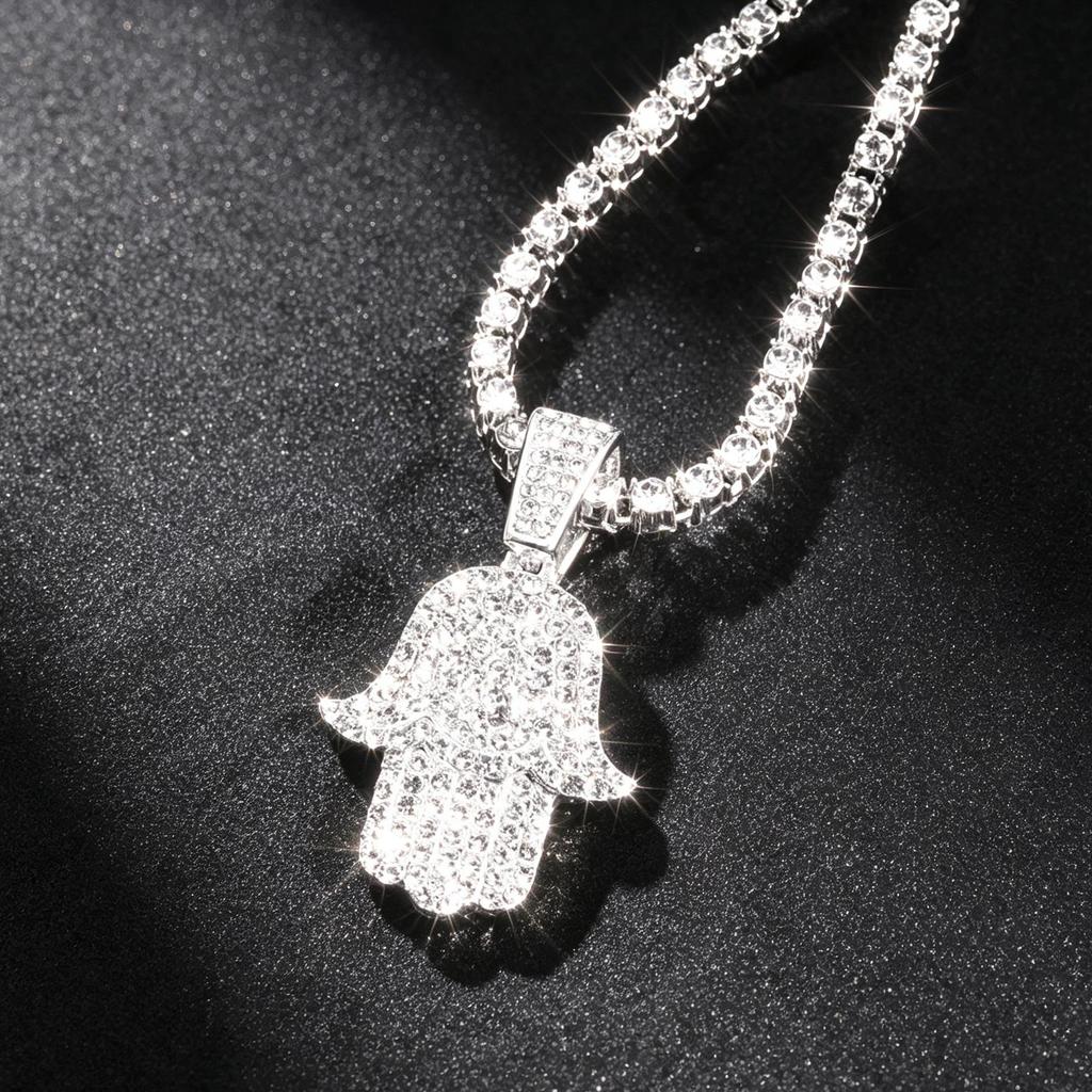 Hamsa Fatima Hand Necklace with Diamond Encrusted Pendant and Hip Hop Chain