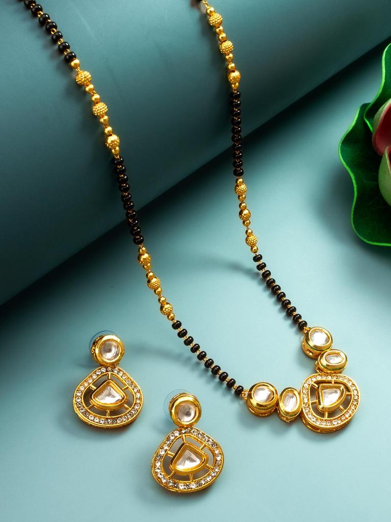 Gold-Plated White Stone-Studded & Beaded Handcrafted Mangalsutra Set