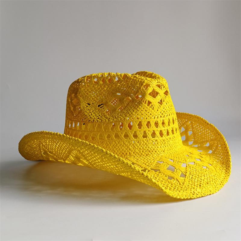 New Yellow 2025 Cowboy Straw Hat Hand-woven Hollow Men's and Women's Summer Sun Hat Jazz Straw Hat Western Cowboy Hat Sombrero
