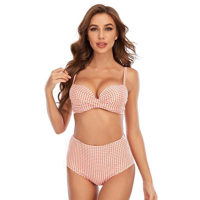 Ladies European and American bikini multi-color plaid gathering split swimsuit beach vacation swimsuit S оранжевый плед