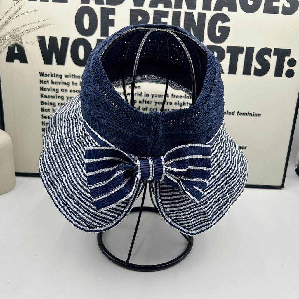 Big Eaves Empty Top Sunscreen Hat Women's Summer Striped Vacation Wind Beach Shading Breathable Fisherman Hat Showing Face Small Cool Hat