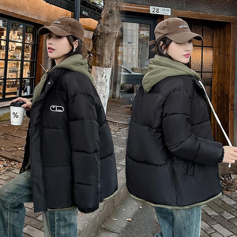 Fake Two Thickened Cotton Clothes Cotton Clothes Women's Winter 2025 New Loose Plus Size Casual Student Padded Jacket with Hood