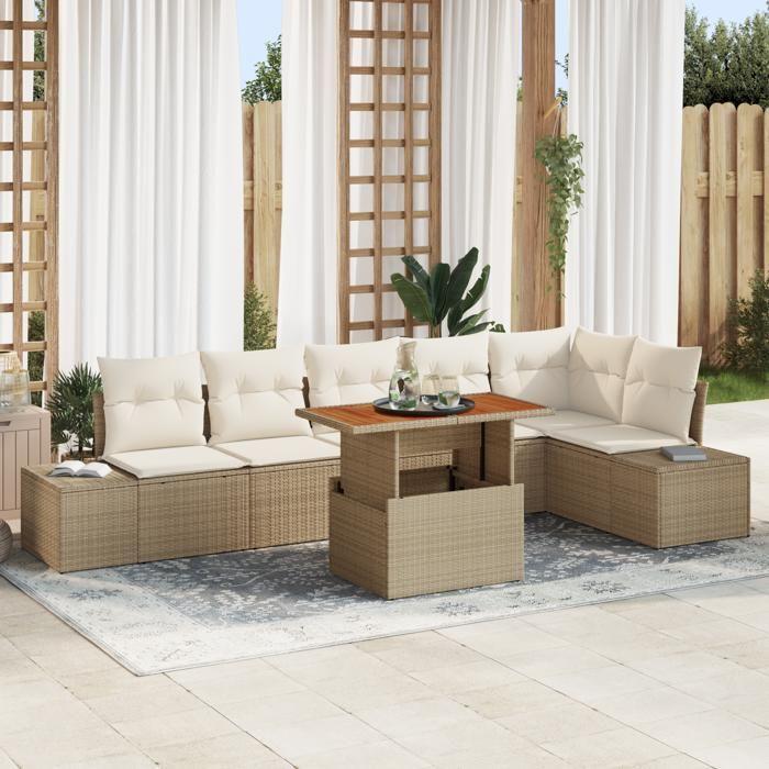 VidaXL Ensemble de salle à manger jardin 7 pièces coussins Beige Poly Rotin Acacia 3349973