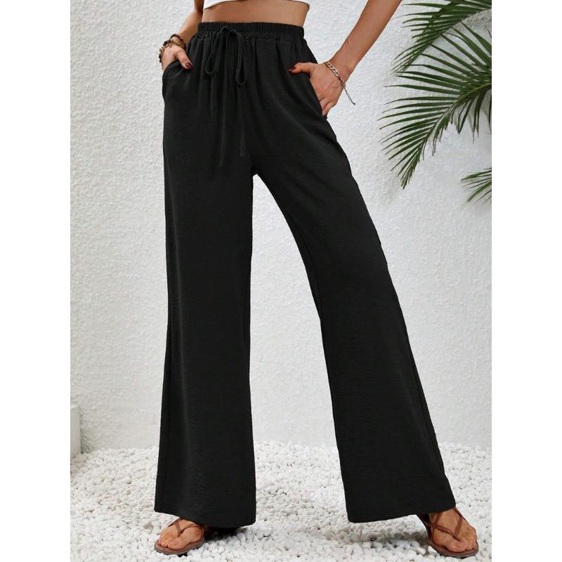New Women's Solid Color Floor-Length Wide Leg Pants, Elastic Waist with Drawstring, Casual Versatile Trousers for Spring Summer