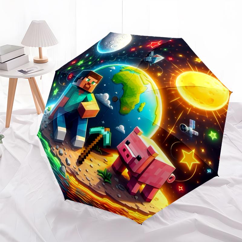 Printed Blocky Pixel Game Folding Umbrella,Outdoor,Leisure,And Travel Umbrella,Durable Umbrella Fabric,Birthday And Holiday Gift
