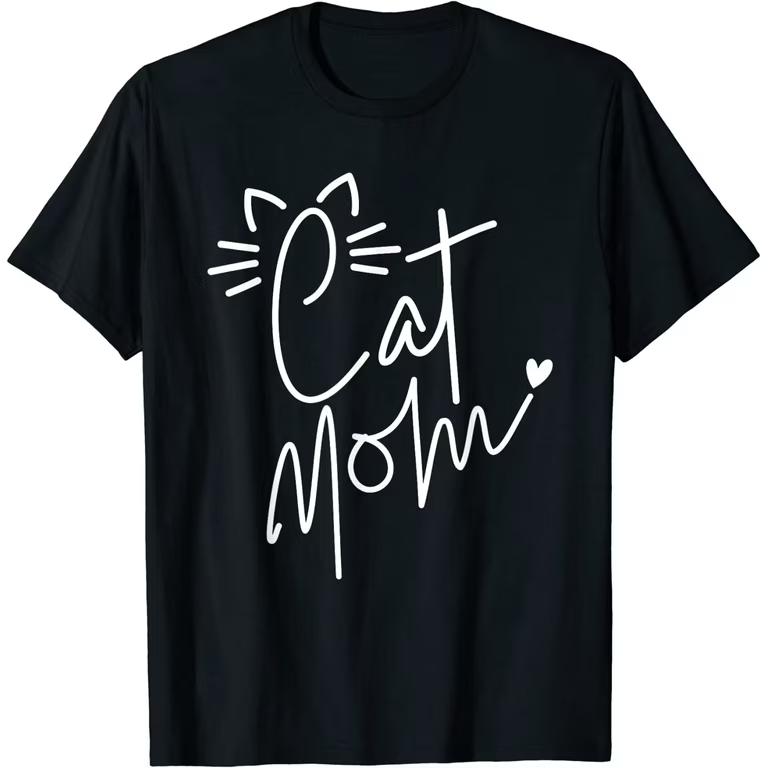 Retro Korean Fashion Cat Mom Life TShirt Neon Cat Hearts Print Versatile Casual Top for Cat Lovers Black Tshirts for Women