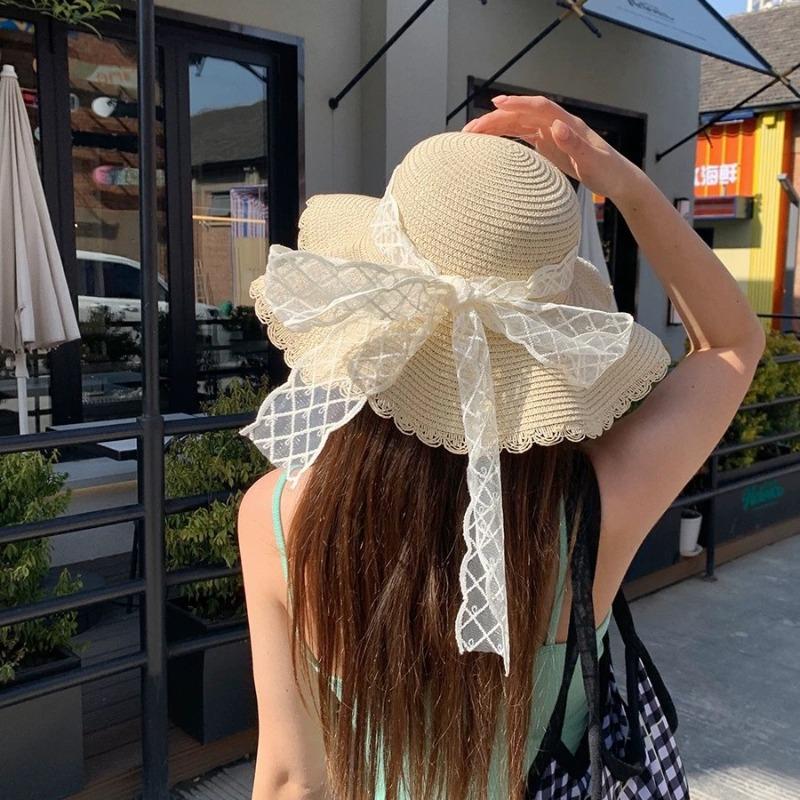Hat summer women summer bow lace straw hat seaside versatile atmosphere sun protection sun hat straw sun hat