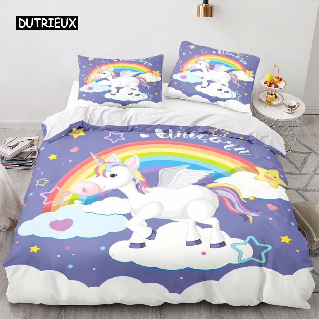 Çizgi Film Tek Boynuzlu At Nevresim Gökkuşağı Yatak Takımı At Mikrofiber Yorgan Kılıfı Çocuklar Kızlar Doğum Günü Hediyeleri Oda Dekoru